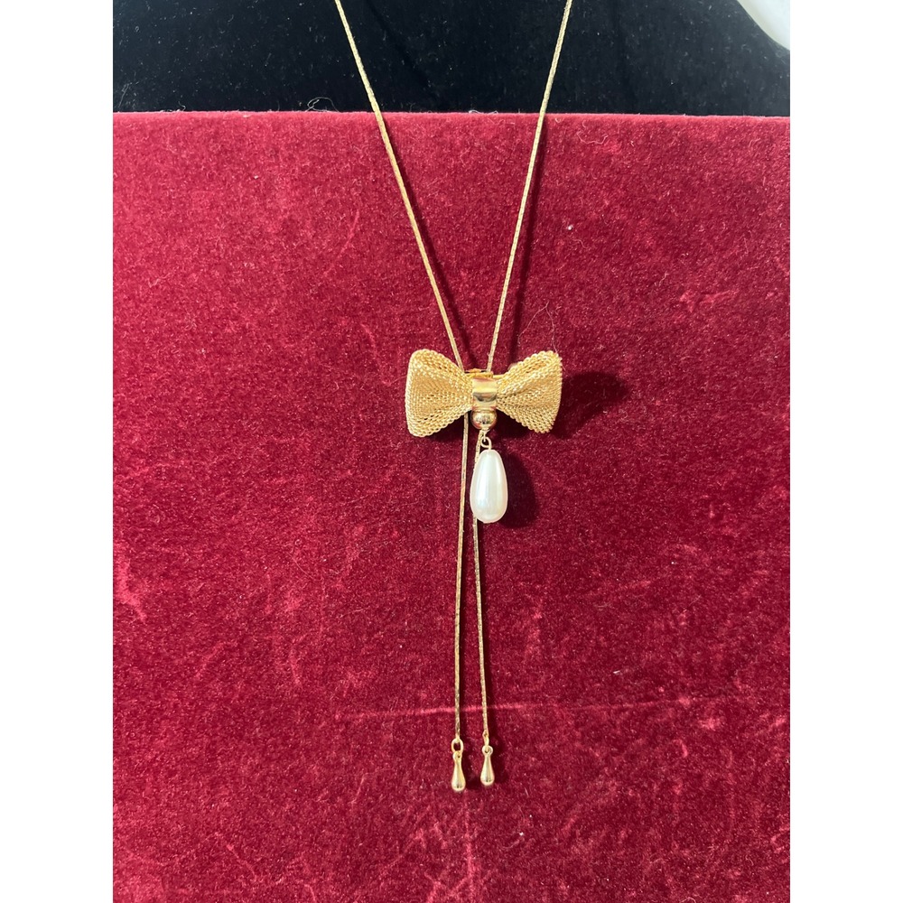 Gold Tone Bow Necklace with Pearl Drop Pendant Adjustable Chain